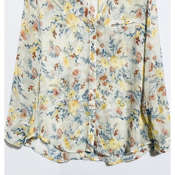 Kut from the Kloth Blouse Womens Large Sheer Ivory Floral Roll Tab Sleeve Boho - Picture 2 of 9